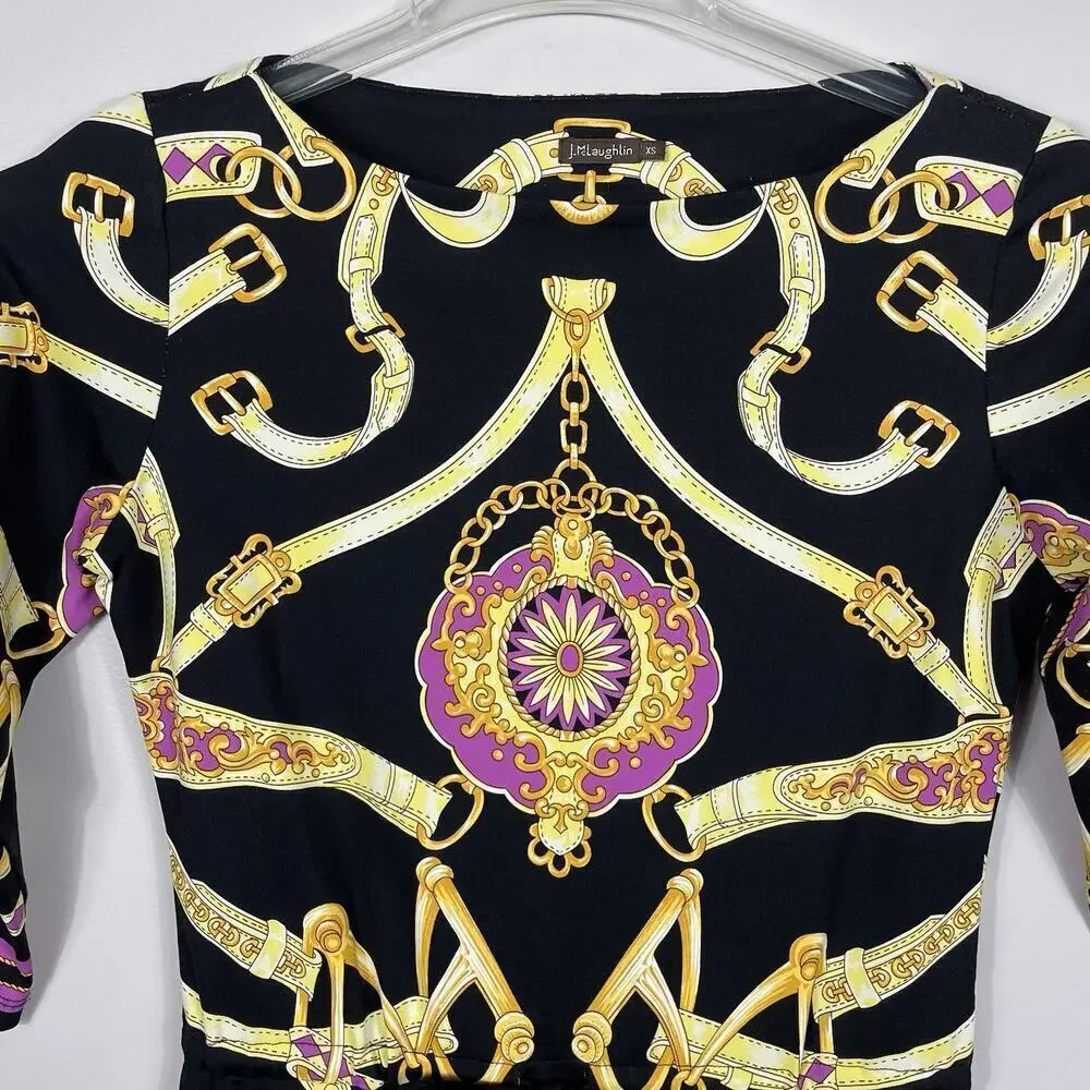 J McLaughlin Dress Women XS Black Catalina Cloth Equestrian Print Classic Preppy